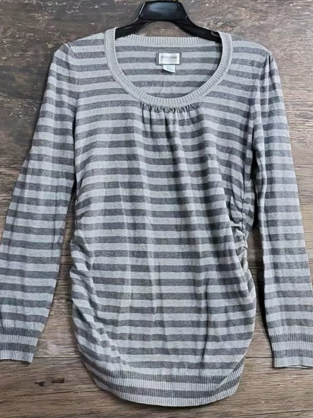 Motherhood Maternity Gray and Light Gray Striped Long Sleeve Scoop Neck Top